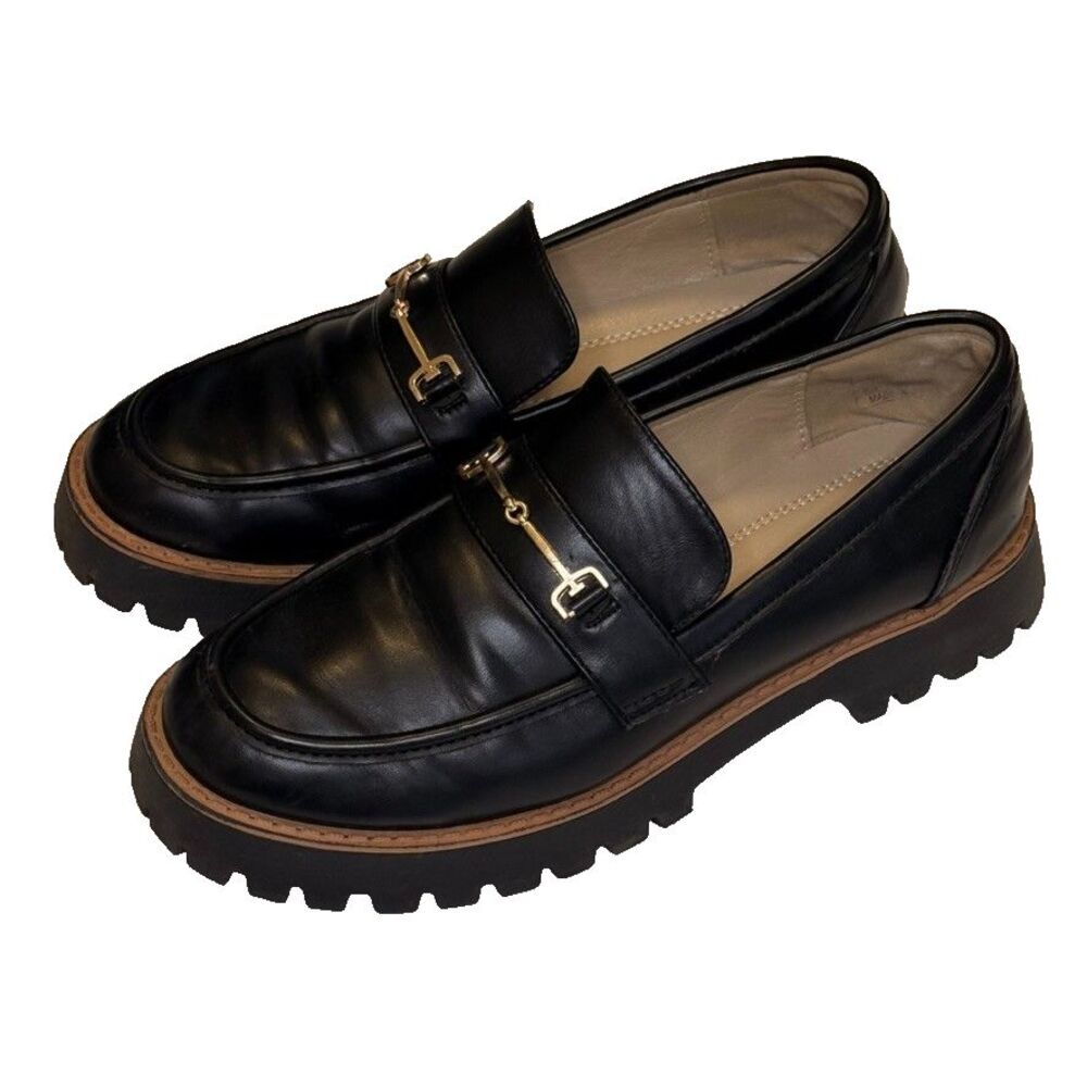 ZURIN Black Loafer Women's Size 8.5 Gold Buckle and Brown Detail Goth Preppy